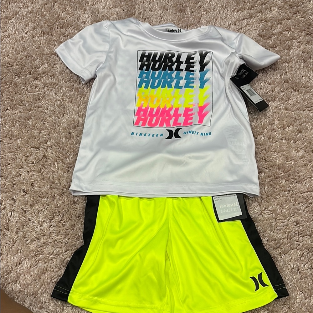 Boys New Hurley White T-Shirt and Neon Yellow Shorts Set